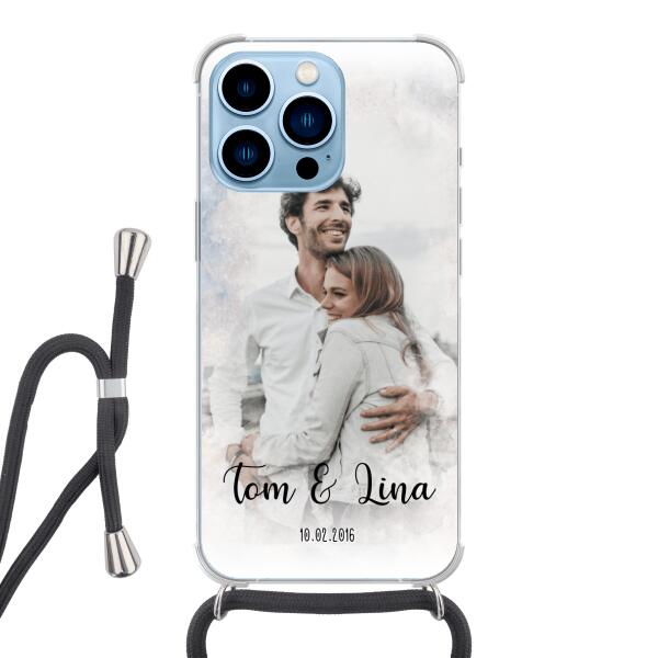 Personalisierte Handyhülle mit deinem Bild im Wasserfarben-Stil - Valentinstags Geschenk - Apple mit Band