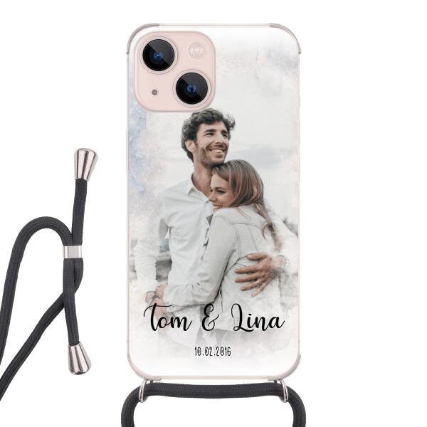 Personalisierte Handyhülle mit deinem Bild im Wasserfarben-Stil - Valentinstags Geschenk - Apple mit Band