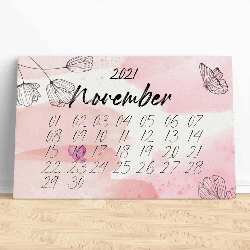 Personalisierte Leinwand mit deinem besonderen Tag im Kalender-Stil - Valentinstags Geschenk